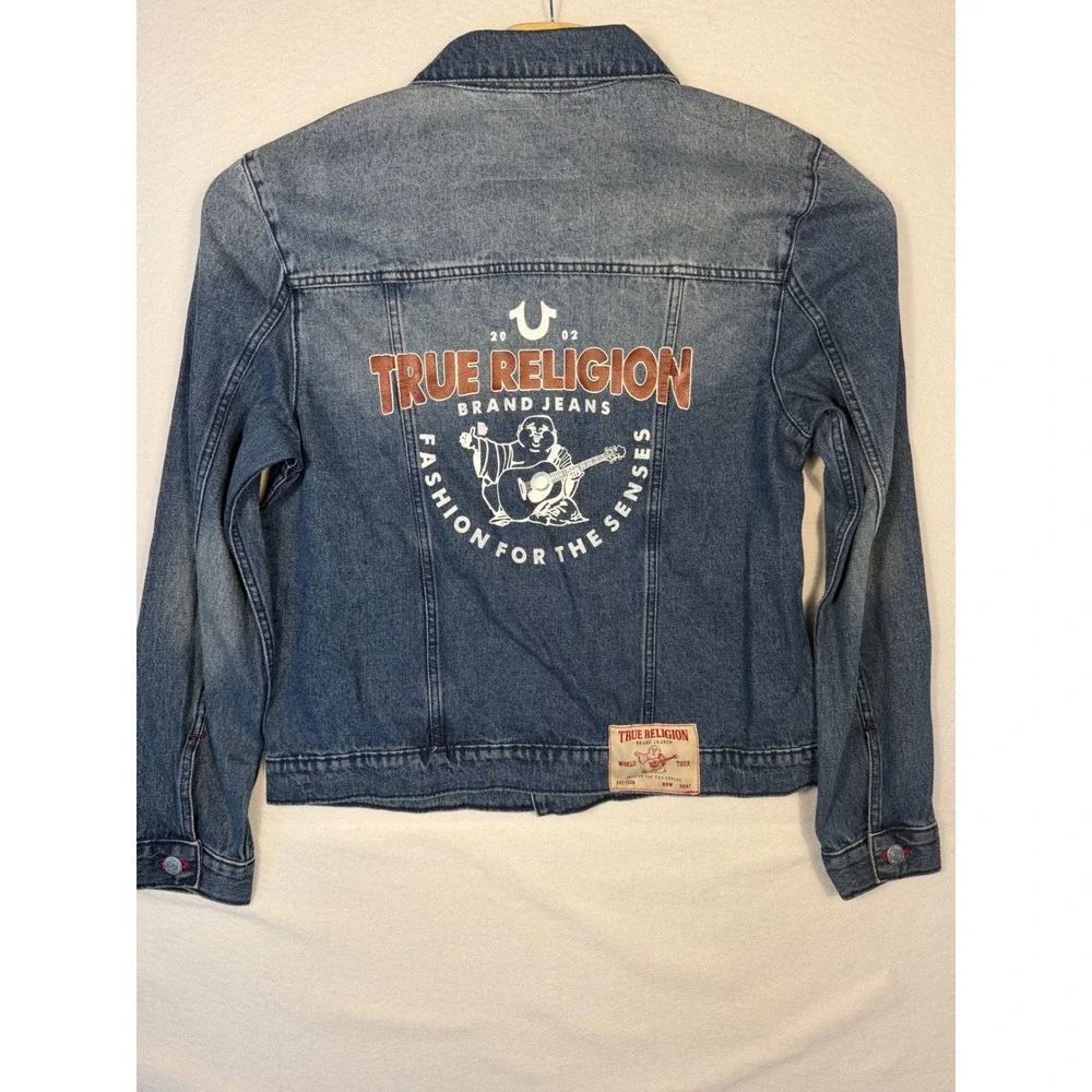 True Religion Denim Trucker Jacket Mens Large Medium Blue Quartz Wash  Print NEW